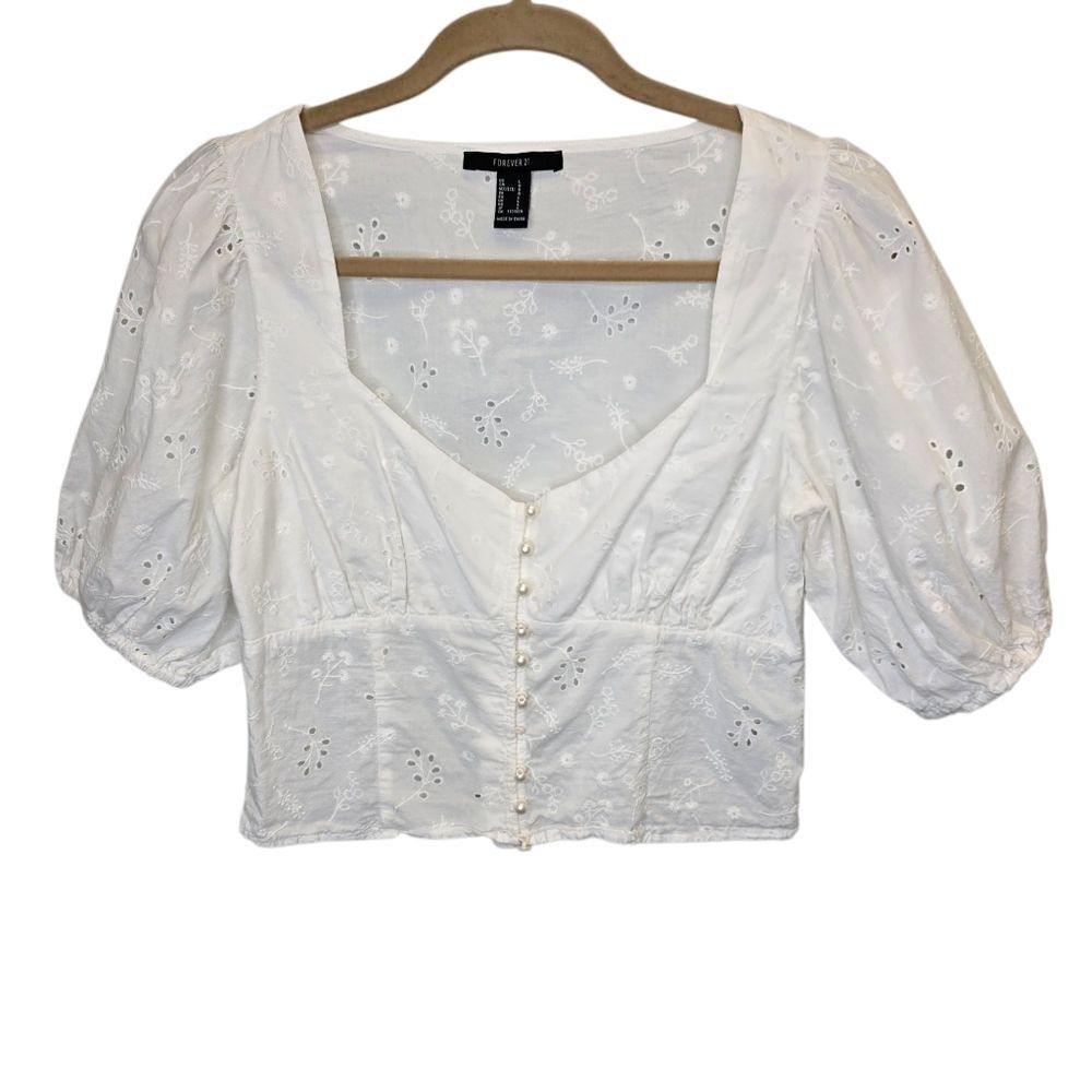 Forever 21 Women's L Cottagecore White Eyelet Puff Sleeve Cotton Top